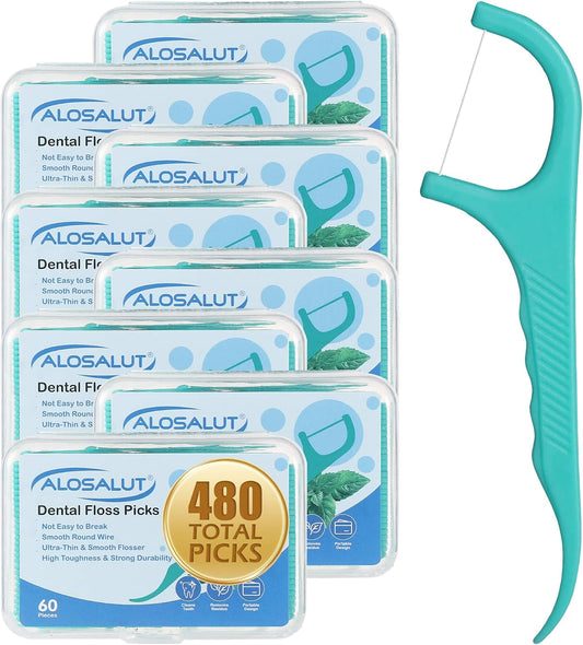 480 Count Dental Floss Picks – Mint Flavored Flossers with Built-in Toothpick for Deep Cleaning – 8 Portable Boxes of 60 – Strong & Smooth Floss Sticks for Family Home Travel - Adults & Kids