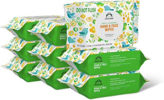 Amazon Brand - Mama Bear Baby Hand & Face Wipes, Unscented, Fragrance Free, Cleansing, Formulated without Parabens and Phthalates, 180 Count (9 Packs of 20)