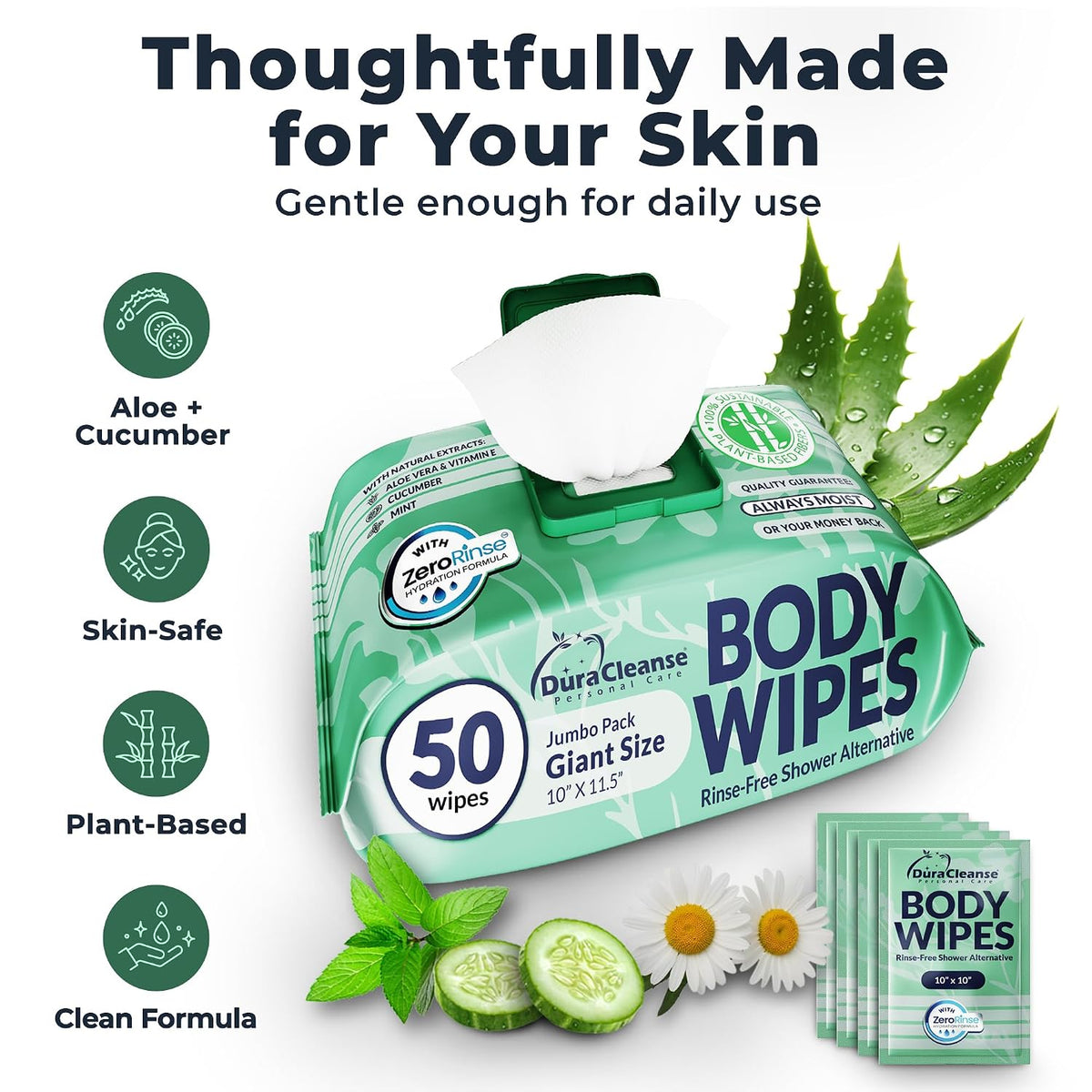 Body Wipes for Women - Gentle - No Rinse Bathing Wipes - 50 Ct + 4 Travel
