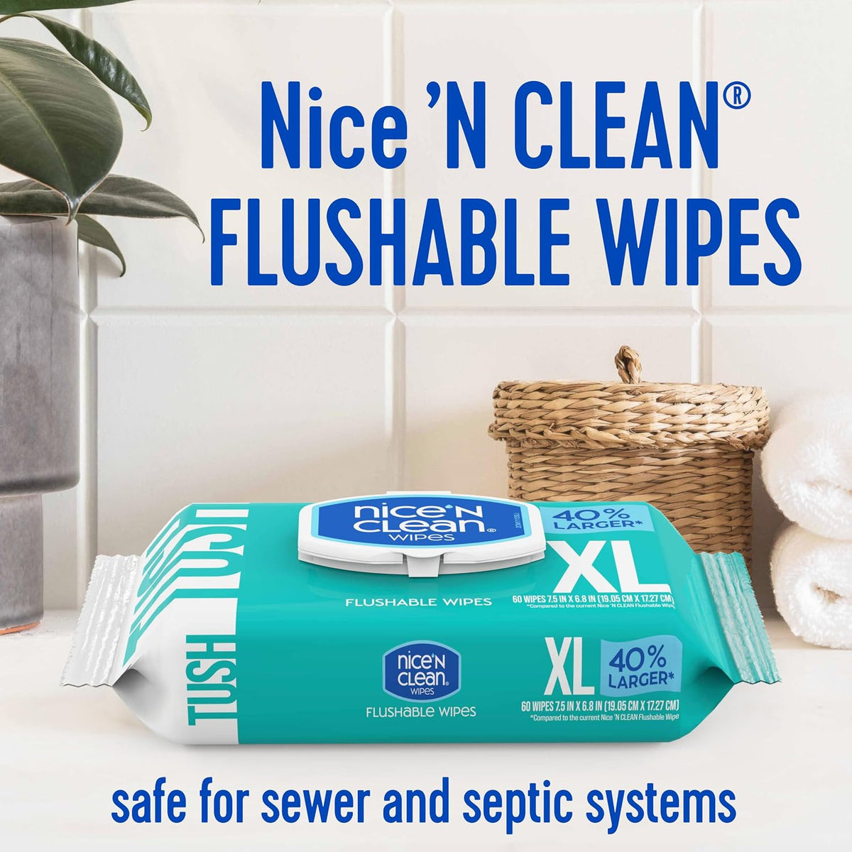 Nice 'N CLEAN Extra Large Flushable Wipes | 40% Larger Wipes | 6.8" x 7.5" Unscented XL Adult Wet Wipes | Septic and Sewer Safe | Fragrance Free, Hypoallergenic, Plant Based | 180 Butt Wipes