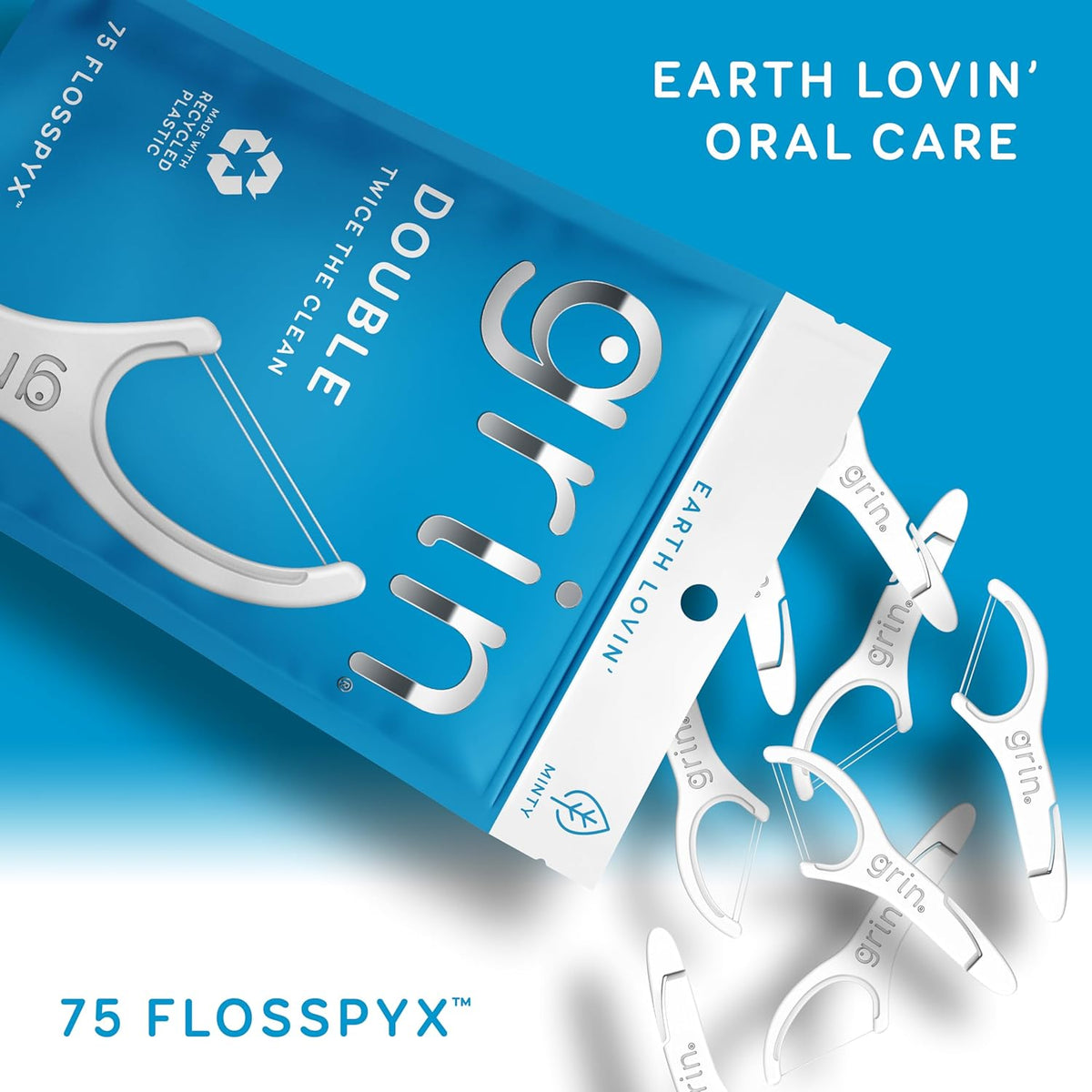 GRIN Double Flosspyx, Floss Picks, 75 Count, Dental Flossers, Minty Flavor, Recycled Plastic, 2 Lines of Strong Floss, Longer Floss Head, Traps Food and Plaque, Includes Safe Soft Fold-Back Tooth Pick