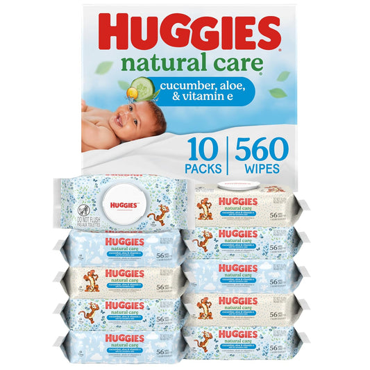 Huggies Natural Care Cucumber, Aloe and Vitamin E Baby Wipes, Hypoallergenic, Scented, 10 Flip-Top Packs (560 Wipes Total), Packaging May Vary