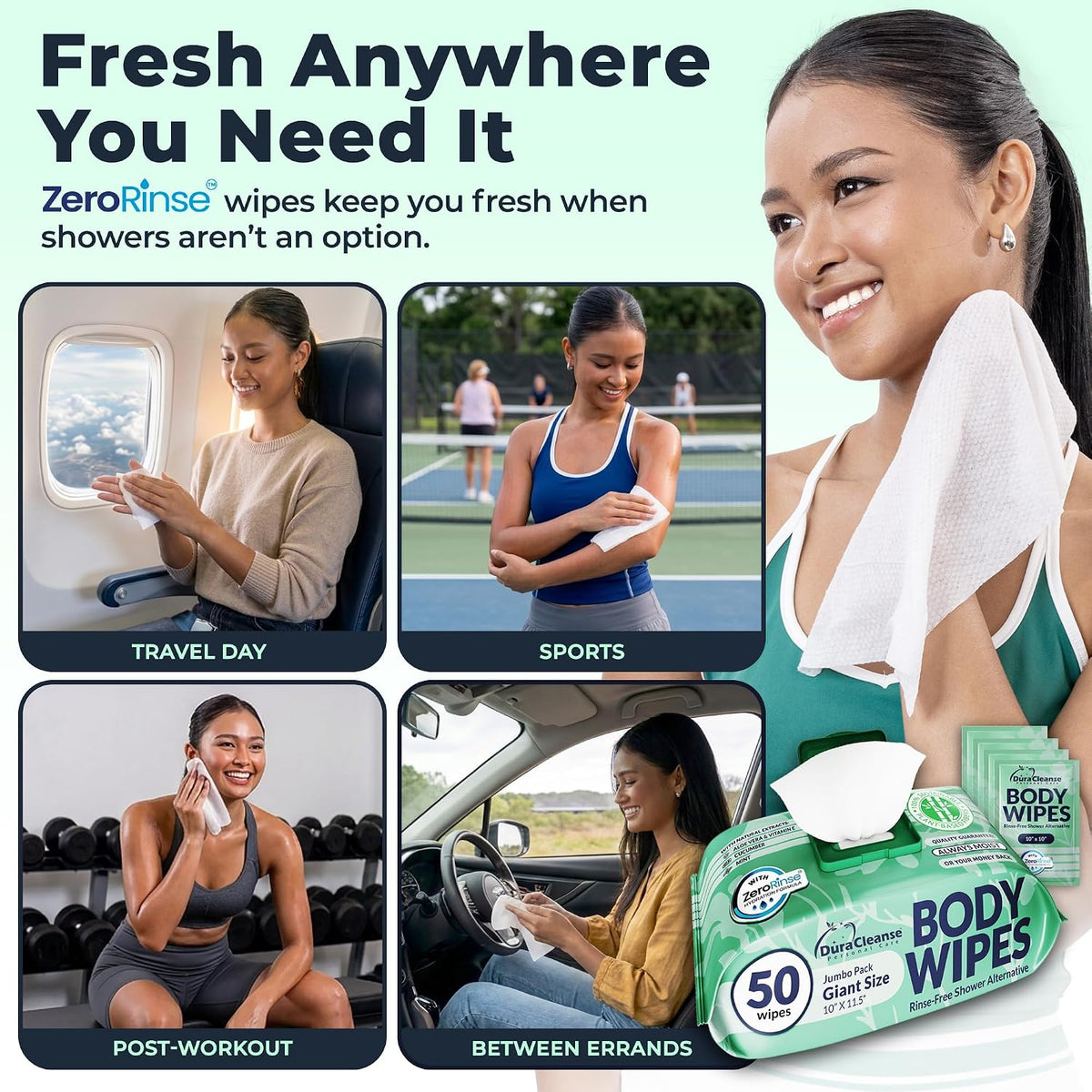 Body Wipes for Women - Gentle - No Rinse Bathing Wipes - 50 Ct + 4 Travel