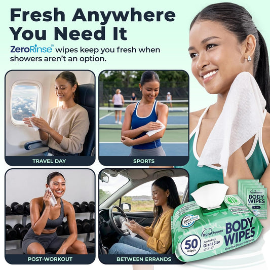 Body Wipes for Women - Gentle - No Rinse Bathing Wipes - 50 Ct + 4 Travel