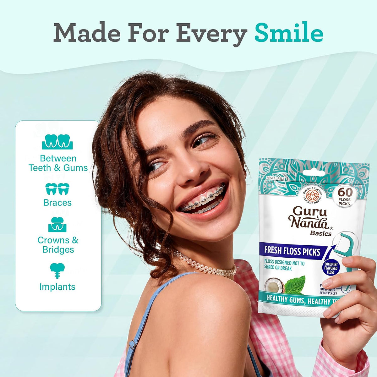 GuruNanda Fresh Dental Floss Picks with Angled Toothpick, Cocomint, 60 ct