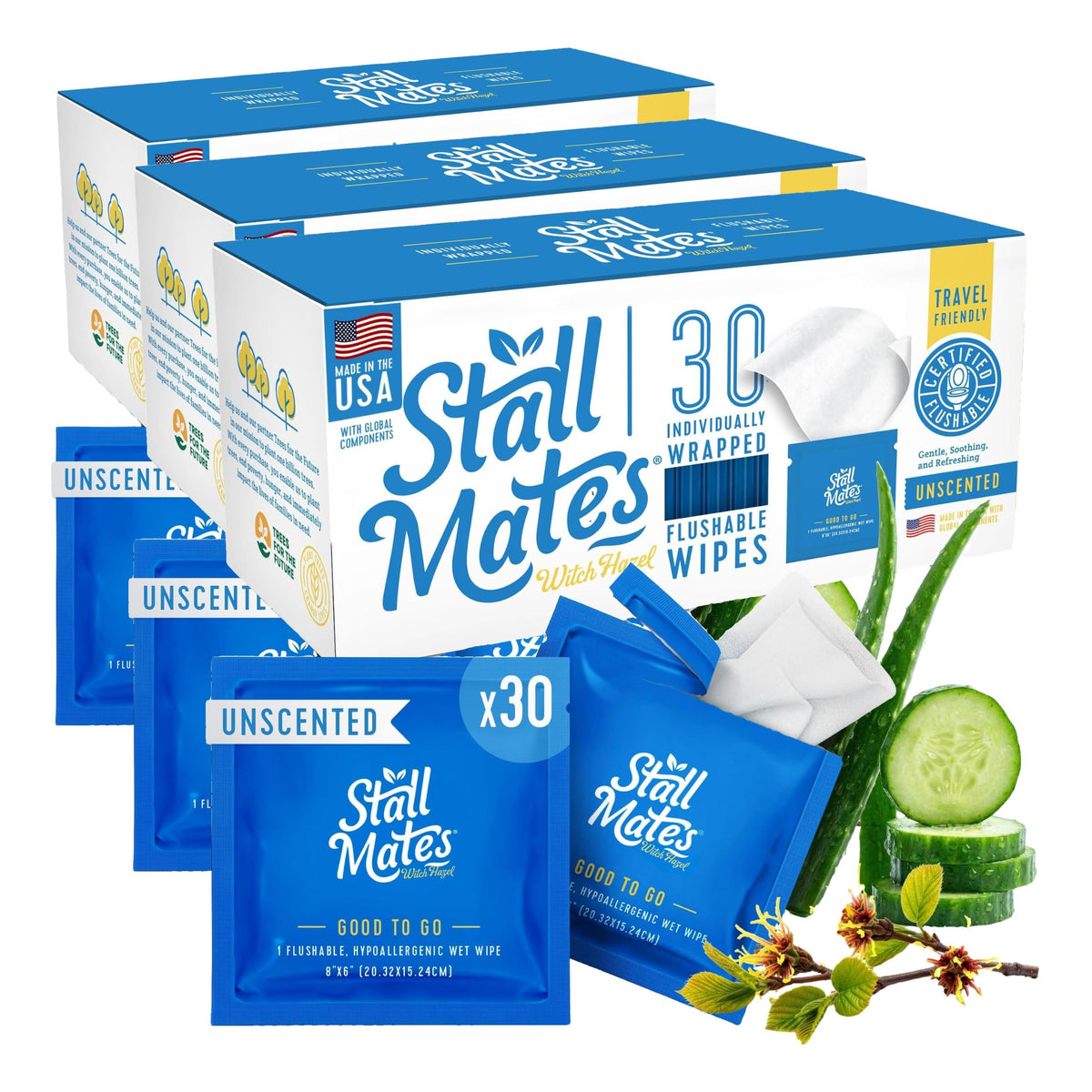 Stall Mates Flushable Wipes, Individually Wrapped, Unscented, 30 Count