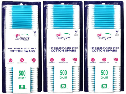 Swisspers Hot Color Cotton Swabs, 100% Cotton, Color Plastic Sticks, 500 per Pack (Color May Vary) - 3 Pack