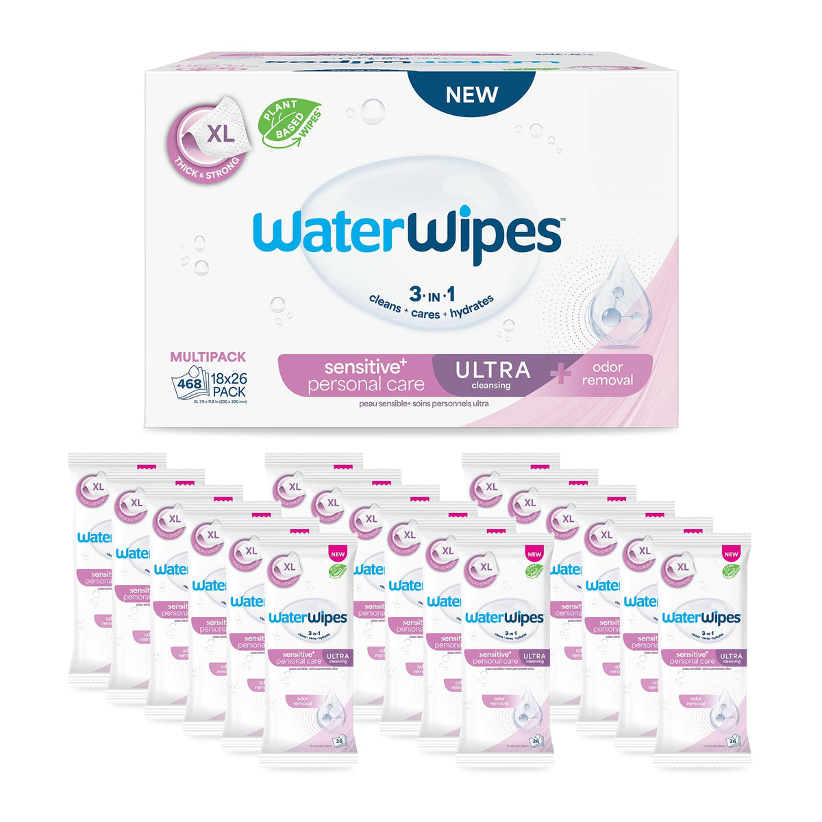 WaterWipes Sensitive Personal Care Ultra, Incontinence Wipes, Odor Removal, Heavy Duty XL Textured Wipes, Fragrance Free, 78 Count (3 Packs)
