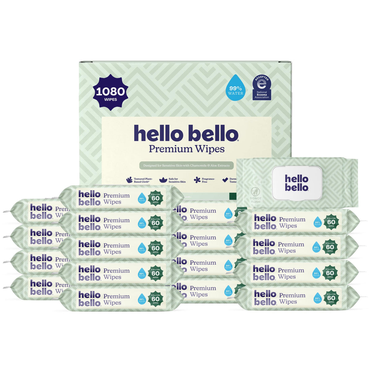 Hello Bello Premium Baby Wipes (Simply Sage) Fragrance-Free 12pk = 720ct