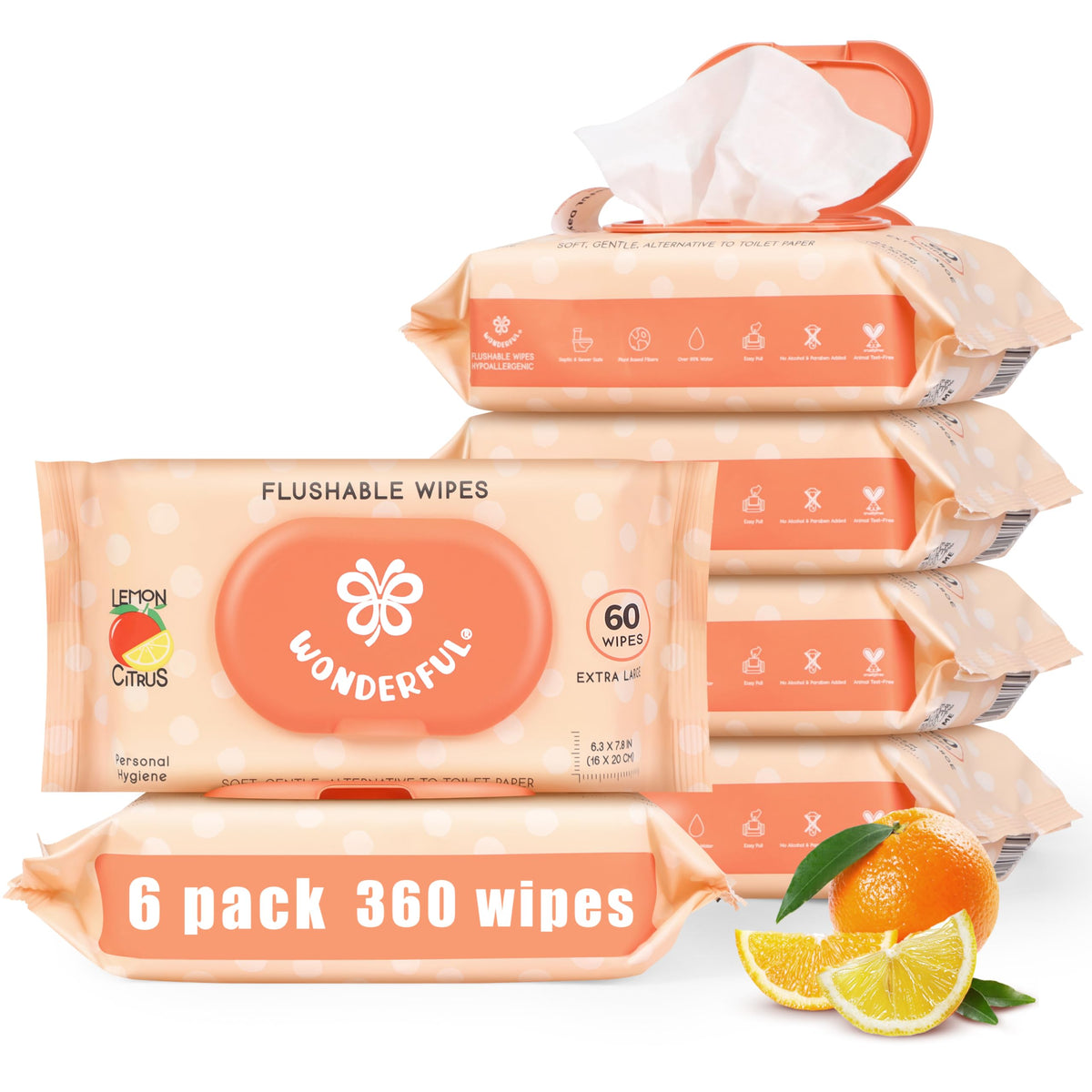 WONDERFUL Flushable Butt Wipes, Unscented 100% Plant-Based Wet Wipes for Adults & Kids, Sewer & Septic Safe, Gentle & Soft, Wipes Flushable Pack for Bathroom & Travel, 6-Pack (360 Count)