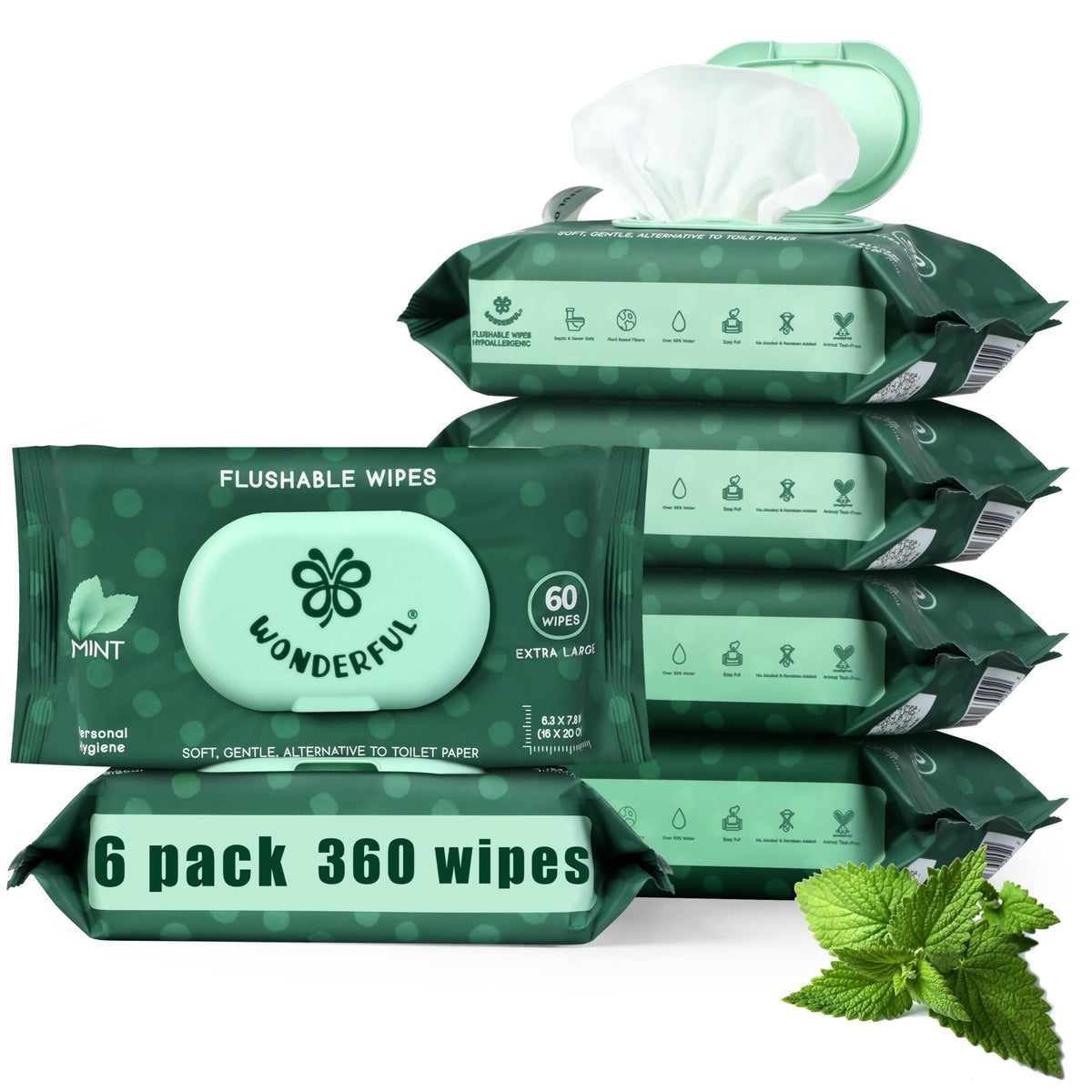 WONDERFUL Flushable Butt Wipes, Unscented 100% Plant-Based Wet Wipes for Adults & Kids, Sewer & Septic Safe, Gentle & Soft, Wipes Flushable Pack for Bathroom & Travel, 6-Pack (360 Count)