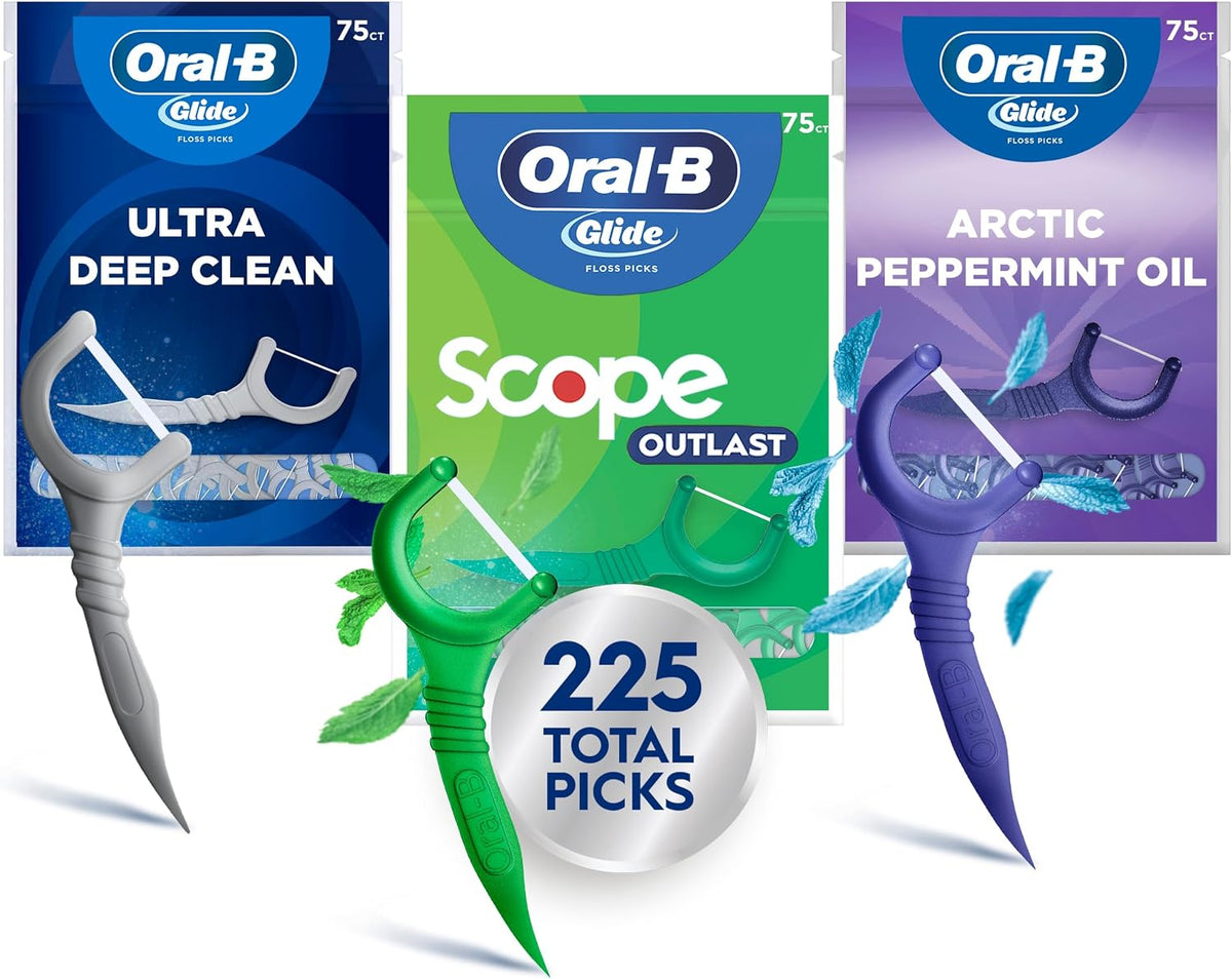 Oral-B Glide Dental Floss Picks Variety Set with Scope Outlast, Arctic Peppermint Oil and Ultra Deep Clean, 225 Count (75 Count x 3)