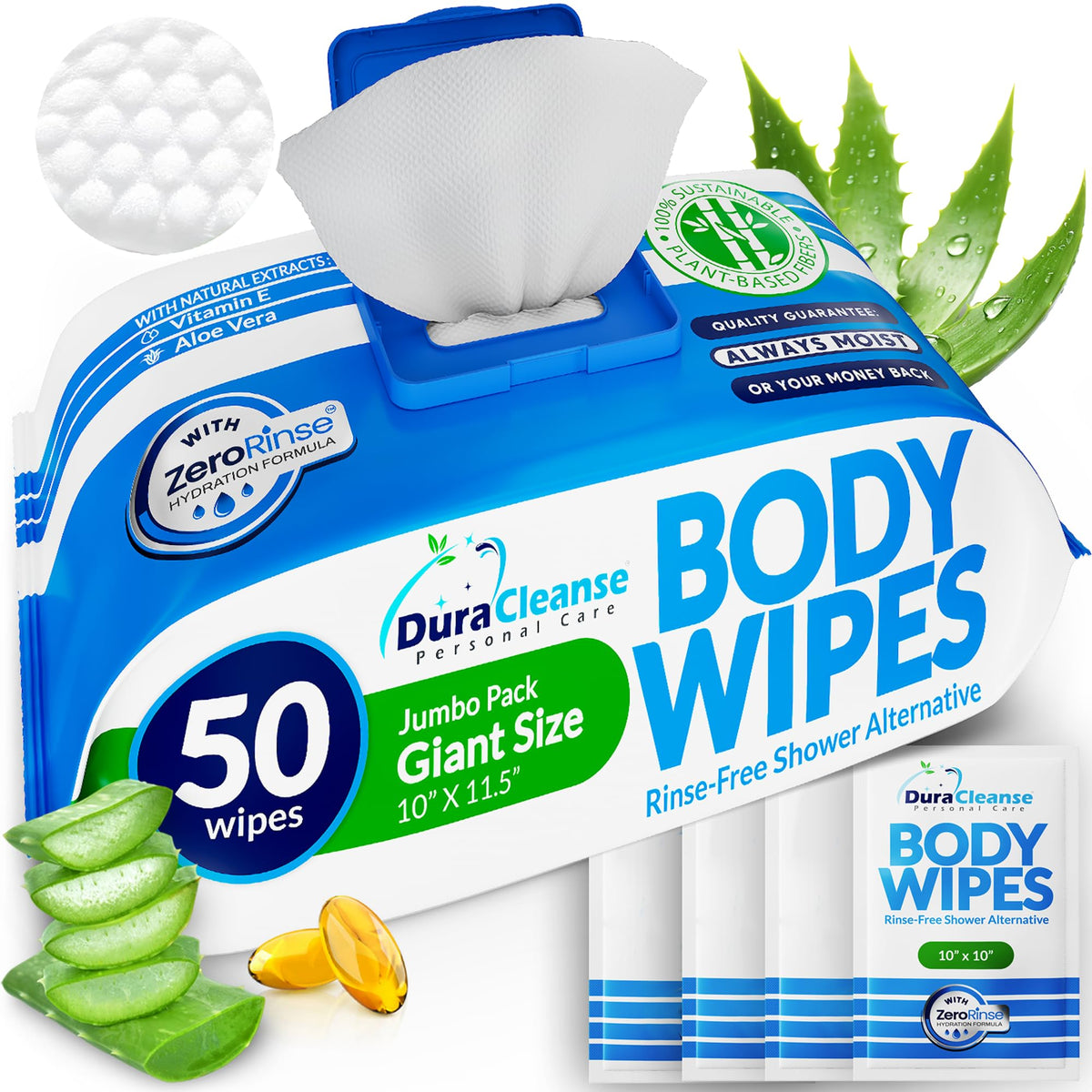 Body Wipes for Women - Gentle - No Rinse Bathing Wipes - 50 Ct + 4 Travel