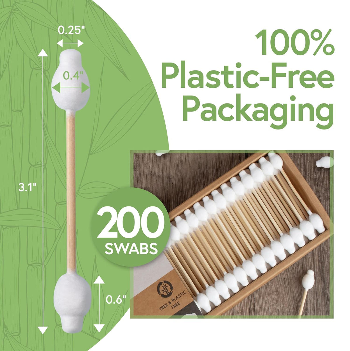Jenvita 100% Bamboo Cotton Swabs for Ears, 200 Pack, Double-Tipped