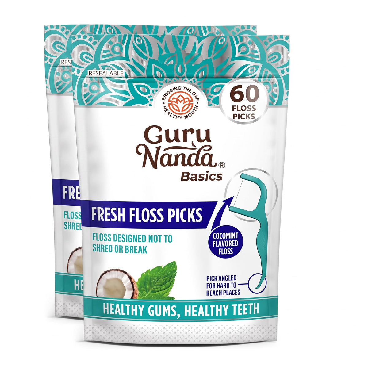 GuruNanda Fresh Dental Floss Picks with Angled Toothpick, Cocomint, 60 ct