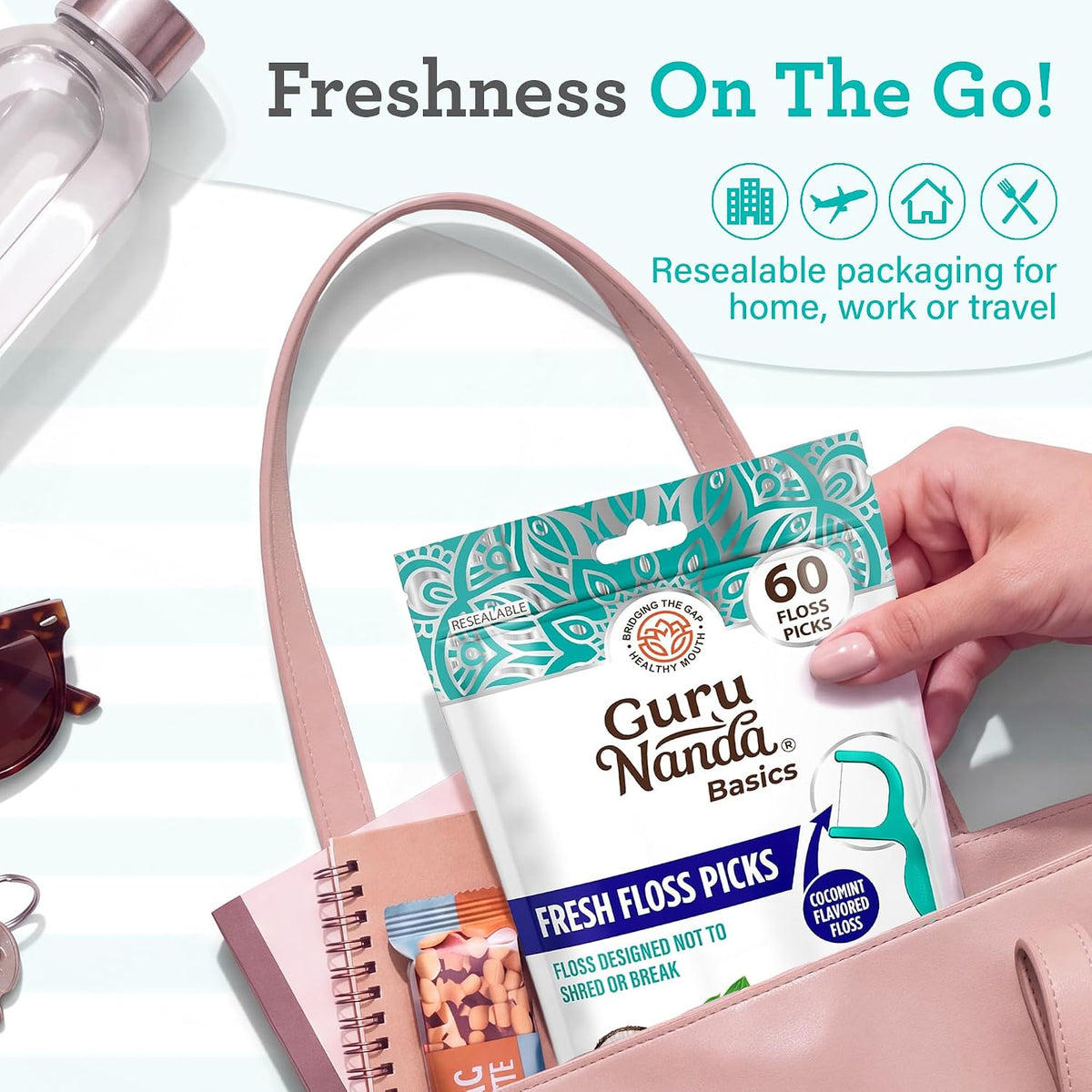 GuruNanda Fresh Dental Floss Picks with Angled Toothpick, Cocomint, 60 ct