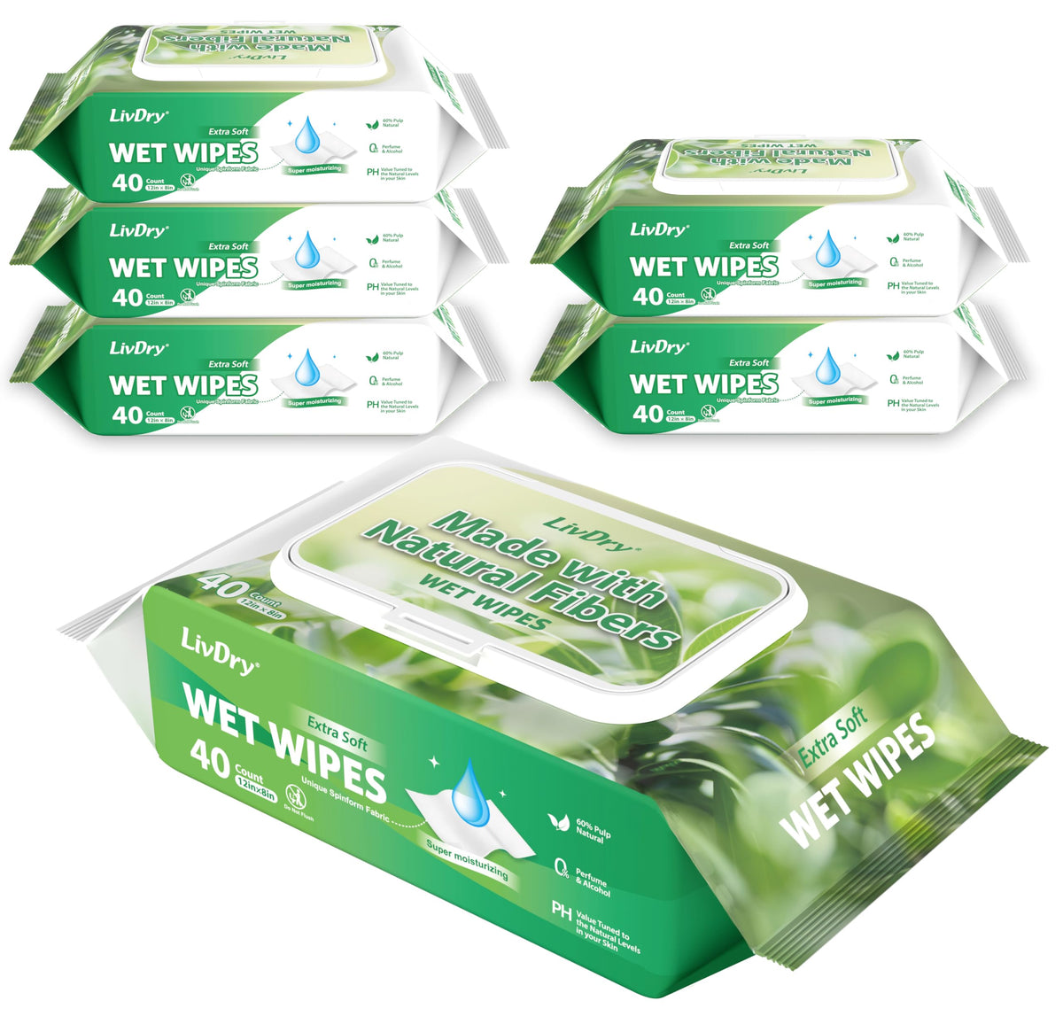 LivDry Adult Wet Wipes, Large Disposable Washcloths 12x8 Inches, Wipes for Elderly, Body Wash Wipes for Cleaning, 40 Count (6 Pack)