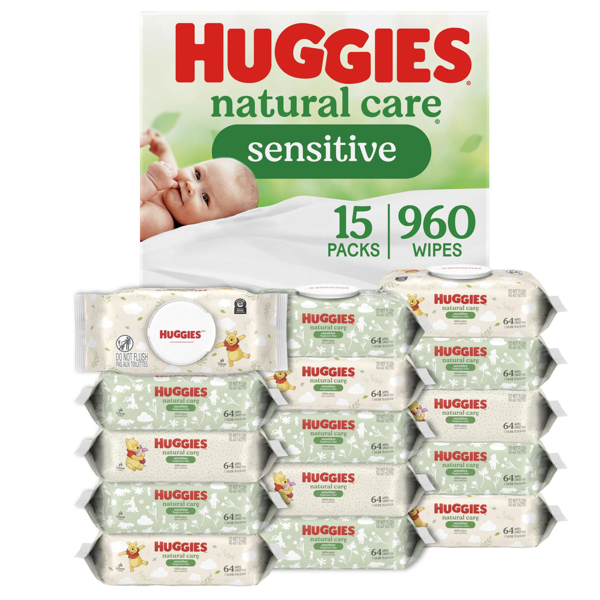 Huggies Natural Care Sensitive Baby Wipes, Unscented, 15 Packs, 960 Wipes