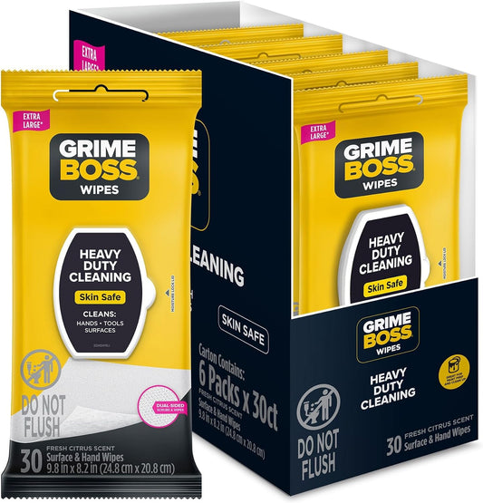 Grime Boss Heavy Duty Wipes (6 x 30ct) | Wet Wipes Used for Hands, Equipment, Tools, Garden, Automotive| Easily Removes Oil, Grease, & Dirt