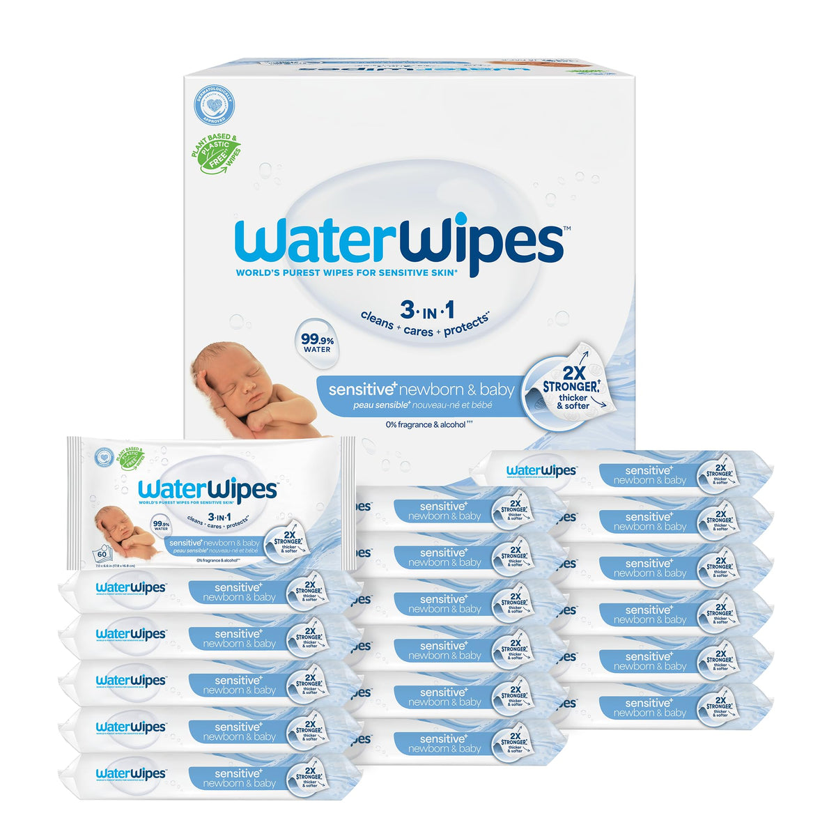 WaterWipes Sensitive+ Newborn & Baby Wipes, 3-In-1 Cleans, Cares, Protects, 99.9% Water, Unscented & Hypoallergenic, 540 Count (9 Packs)