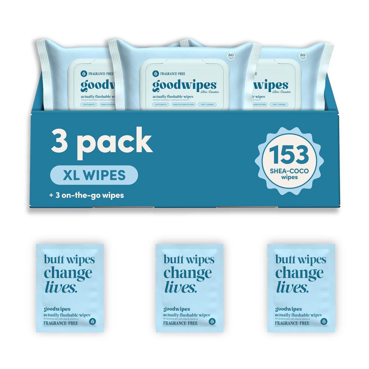 goodwipes Flushable Wipes - Rosewater, 153 Wipes (3 Pack + 3 Singles)