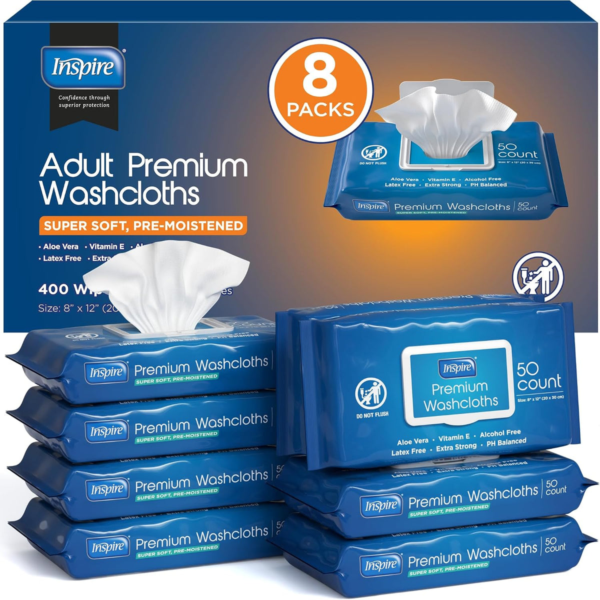 Inspire Adult Wet Wipes, Wash Cloths, Incontinence & Cleansing for Elderly Extra Large, 8"x12" (Pack of 8)