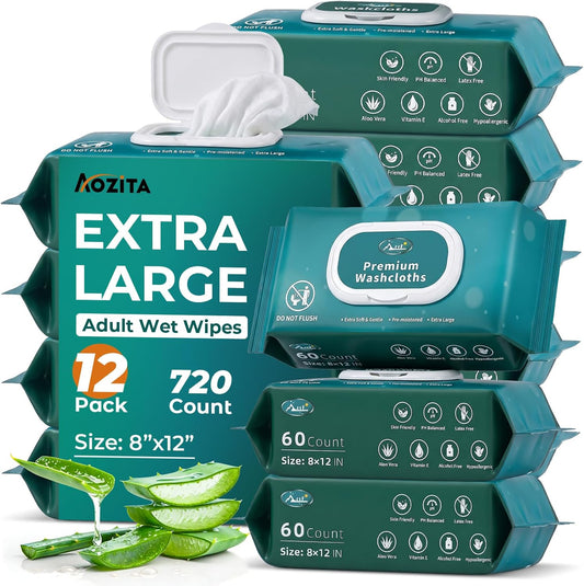720 Count (12 Packs of 60) Wipes for Adults, 8" x 12" Extra Large Wet Wipes for Incontinence & Cleansing, Disposable Body Shower & Bath Wipes for Elderly Bathing No-Rinse - Vitamin E & Aloe