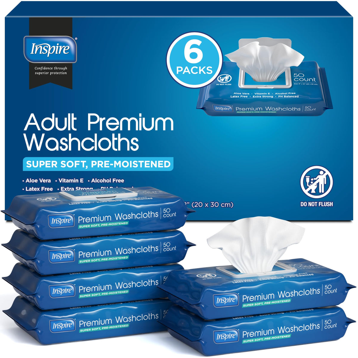 Inspire Adult Wet Wipes, Wash Cloths, Incontinence & Cleansing for Elderly Extra Large, 8"x12" (Pack of 8)