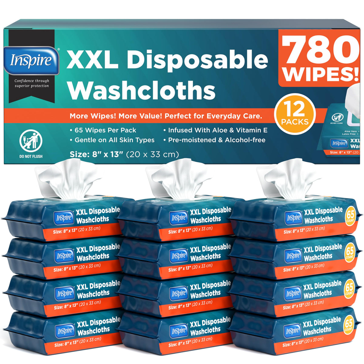 Inspire Adult Wet Wipes, Wash Cloths, Incontinence & Cleansing for Elderly Extra Large, 8"x12" (Pack of 8)